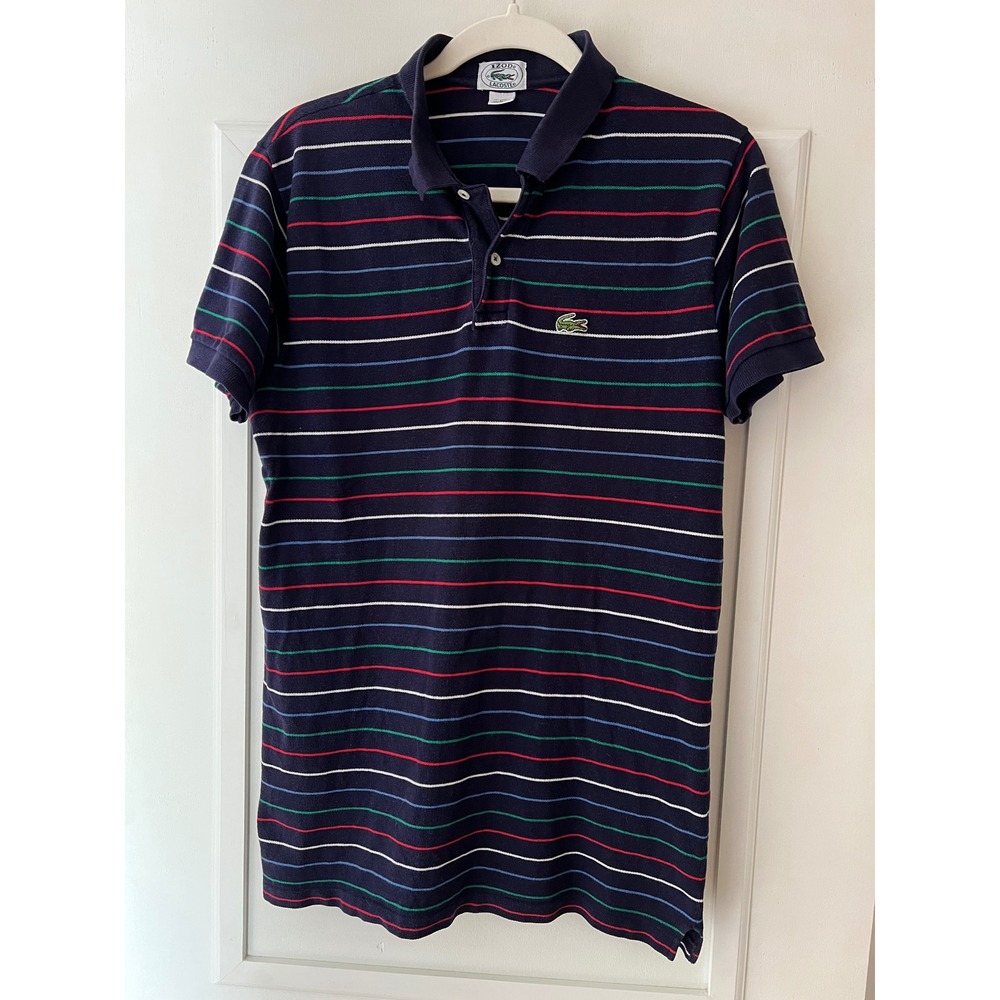 Vintage Izod Lacoste Mens Large Navy Blue Striped Pique Cotton Polo 38x29 EUC
